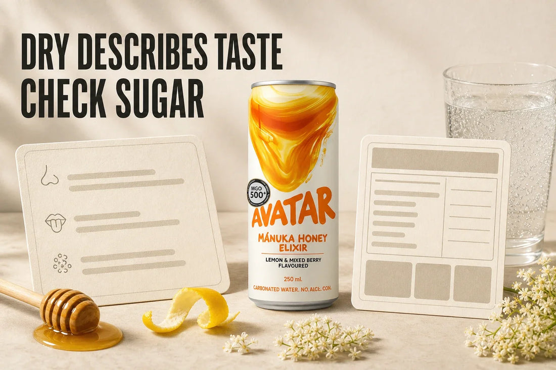 Avatar Elixir can on a warm tabletop between a tasting-note card and a nutrition-style card, with honey, lemon, elderflower and bubbles illustrating that dry describes taste while sugar information must be checked separately.
