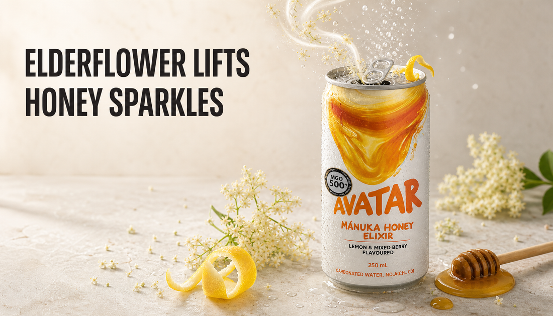 Opened Avatar Elixir can with elderflower blossoms, lemon peel, honey, bubbles, and the headline Elderflower Lifts Honey Sparkles.