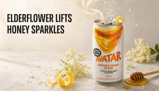Opened Avatar Elixir can with elderflower blossoms, lemon peel, honey, bubbles, and the headline Elderflower Lifts Honey Sparkles.