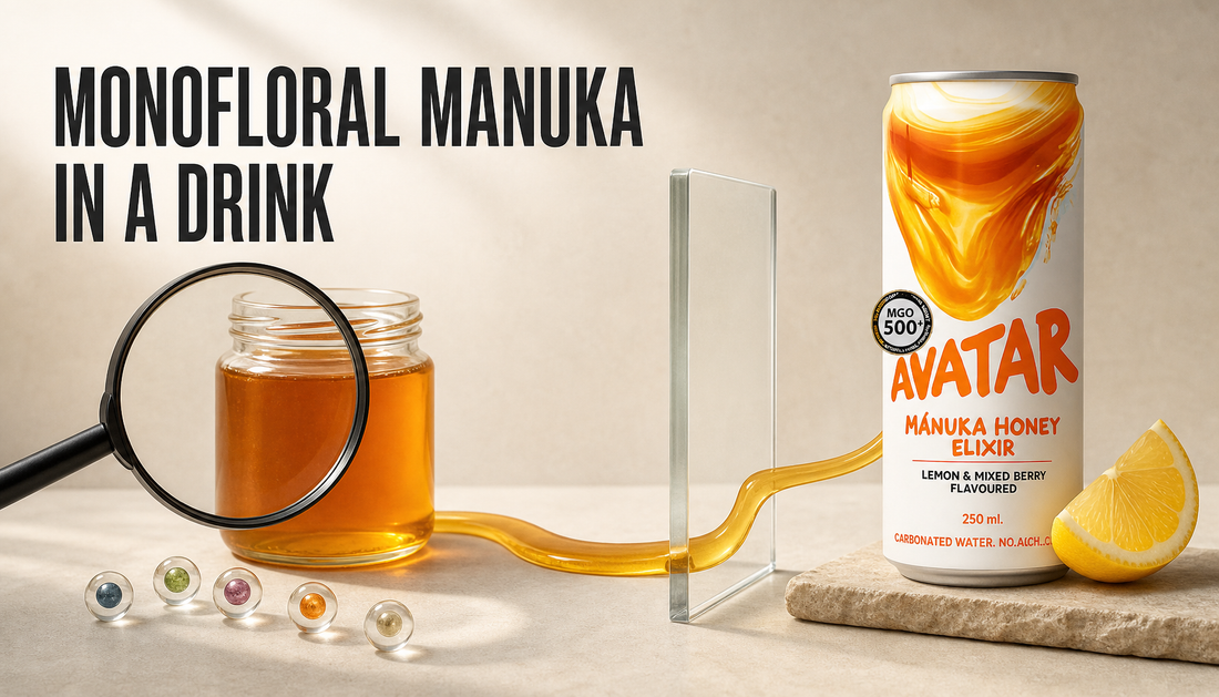 Editorial hero image showing a generic honey jar under a magnifying lens connected by a golden ingredient path to an Avatar Elixir beverage, explaining monofloral Manuka in drink...