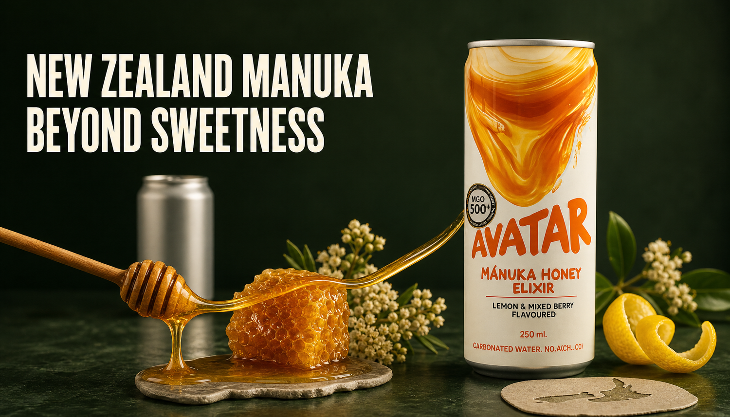 Avatar Elixir can beside honeycomb, honey dipper, citrus, and botanicals with the headline New Zealand Manuka Beyond Sweetness.