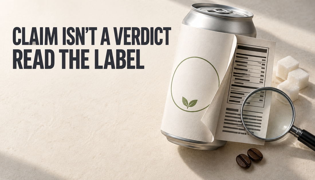 Editorial hero image of a generic drink can with a peeled-back label revealing blank nutrition and ingredient panels, sugar cubes and coffee beans, with the headline Claim Isn't a...