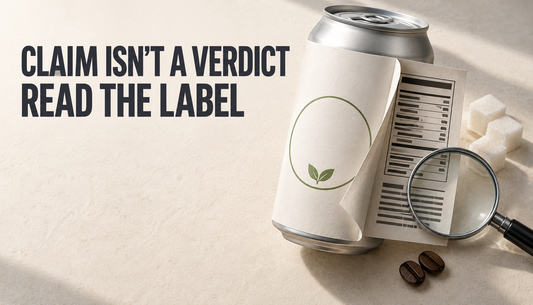 Editorial hero image of a generic drink can with a peeled-back label revealing blank nutrition and ingredient panels, sugar cubes and coffee beans, with the headline Claim Isn't a...