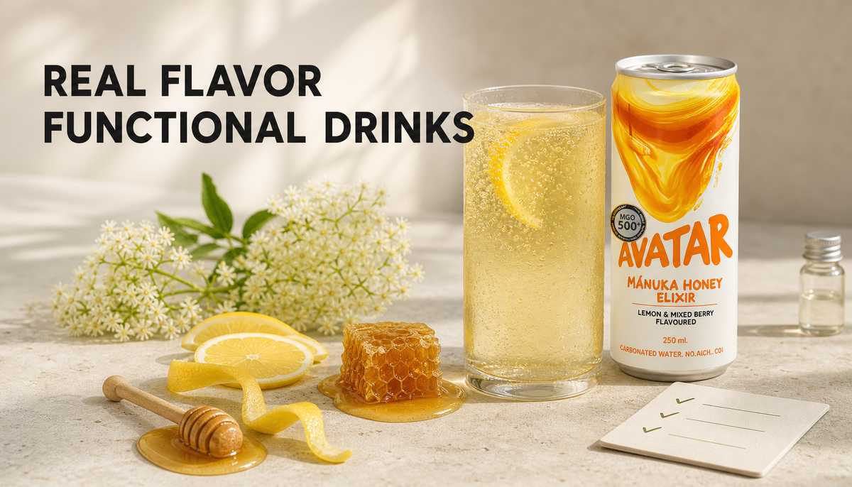 Avatar Elixir can beside a sparkling drink with lemon, honey, and elderflower, with the headline Real Flavor Functional Drinks.