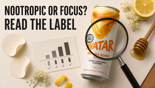 Avatar Elixir can being examined with a magnifying glass beside blank label-reading cards, with the headline Nootropic or Focus? Read the Label.