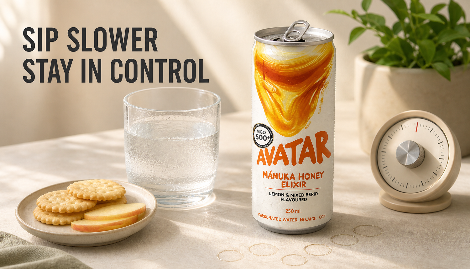Avatar Elixir can on a calm tabletop with water, a snack, and a timer, illustrating a slower paced way to sip an energy drink.