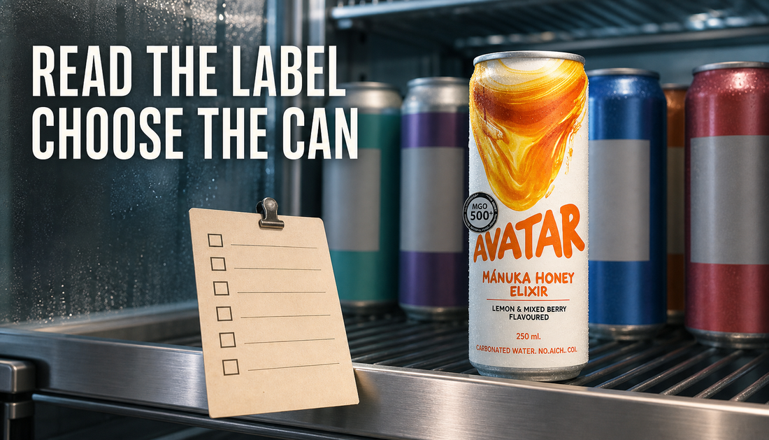 Hero image of an Avatar Elixir Manuka Honey energy drink selected from a chilled drinks fridge beside a simple label checklist, with headline text reading Read the Label, Choose t...