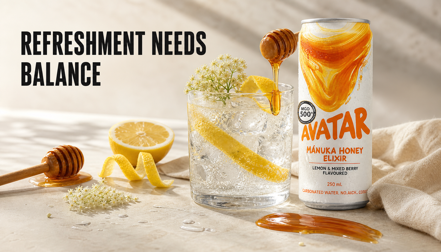 Avatar Elixir can beside a chilled sparkling drink with honey, lemon, elderflower, bubbles, and a small syrup smear showing that refreshment comes from balance, not sweetness alon...