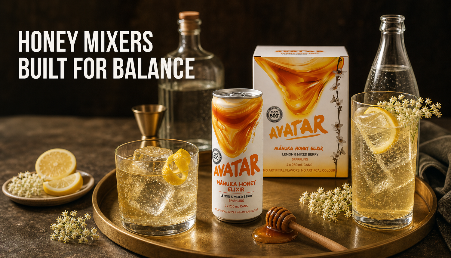 The Beekeeper’s Choice honey drink pack styled as a premium mixer on a home bar tray with lemon, ice, botanicals, sparkling water, and two balanced serves.