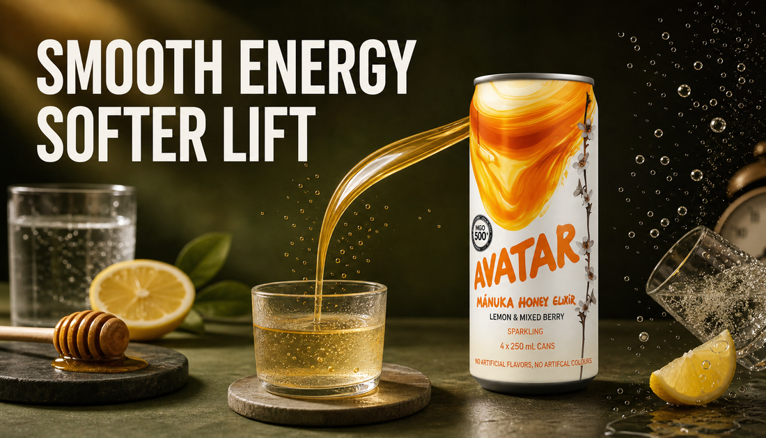 Editorial hero image of a Manuka Honey Drink can beside a small glass, honey ribbon, gentle bubbles, citrus, water, and a clock, with the headline Smooth Energy Softer Lift.