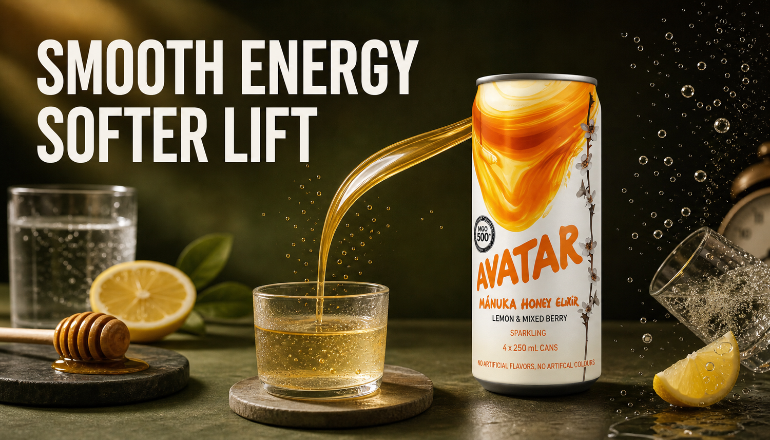 Editorial hero image of a Manuka Honey Drink can beside a small glass, honey ribbon, gentle bubbles, citrus, water, and a clock, with the headline Smooth Energy Softer Lift.