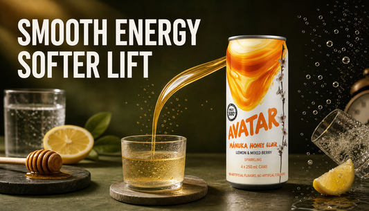 Editorial hero image of a Manuka Honey Drink can beside a small glass, honey ribbon, gentle bubbles, citrus, water, and a clock, with the headline Smooth Energy Softer Lift.