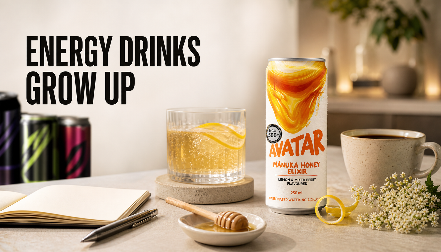 Avatar Elixir can on a warm counter with adult routine props, contrasted against blurred generic energy cans, with the headline ENERGY DRINKS GROW UP.