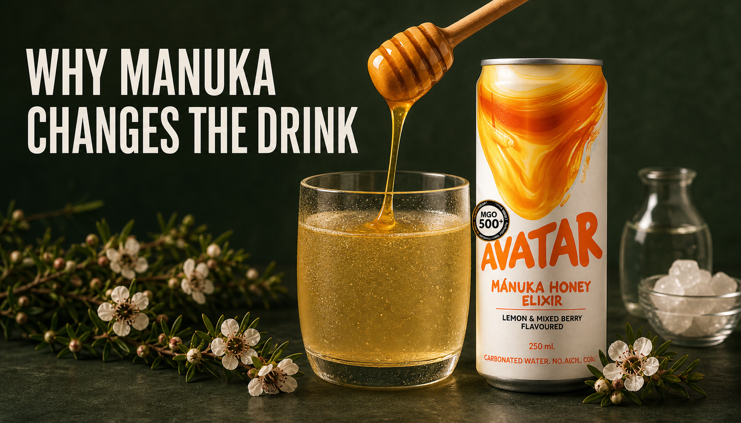 Avatar Elixir can beside a glass of golden beverage, Manuka honey, and mānuka blossoms with the headline Why Manuka Changes the Drink.