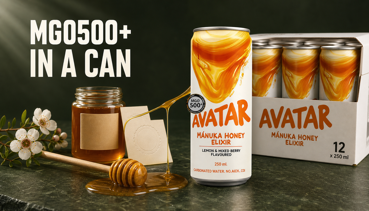Avatar Elixir can and 12-pack beside Manuka honey, blossoms, and a quiet certification cue with the headline MGO500+ IN A CAN.