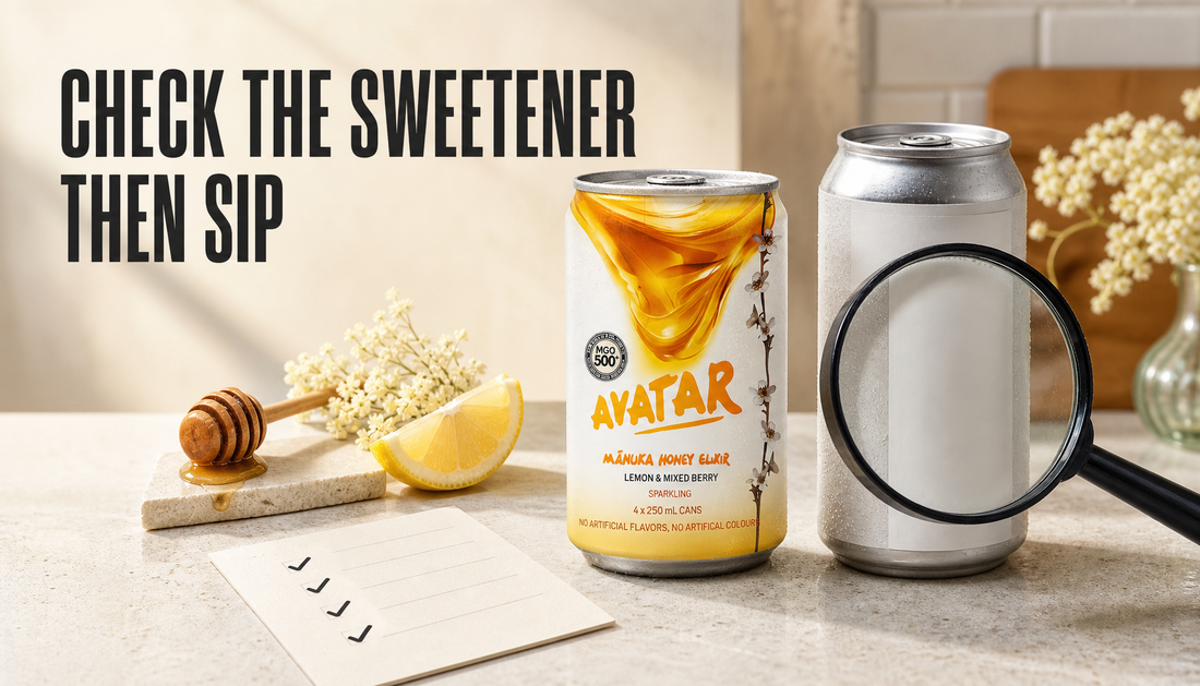 Avatar Elixir can and an unlabeled energy drink can on a kitchen counter with a magnifying glass aimed at the ingredient panel and headline text reading Check the Sweetener, Then...