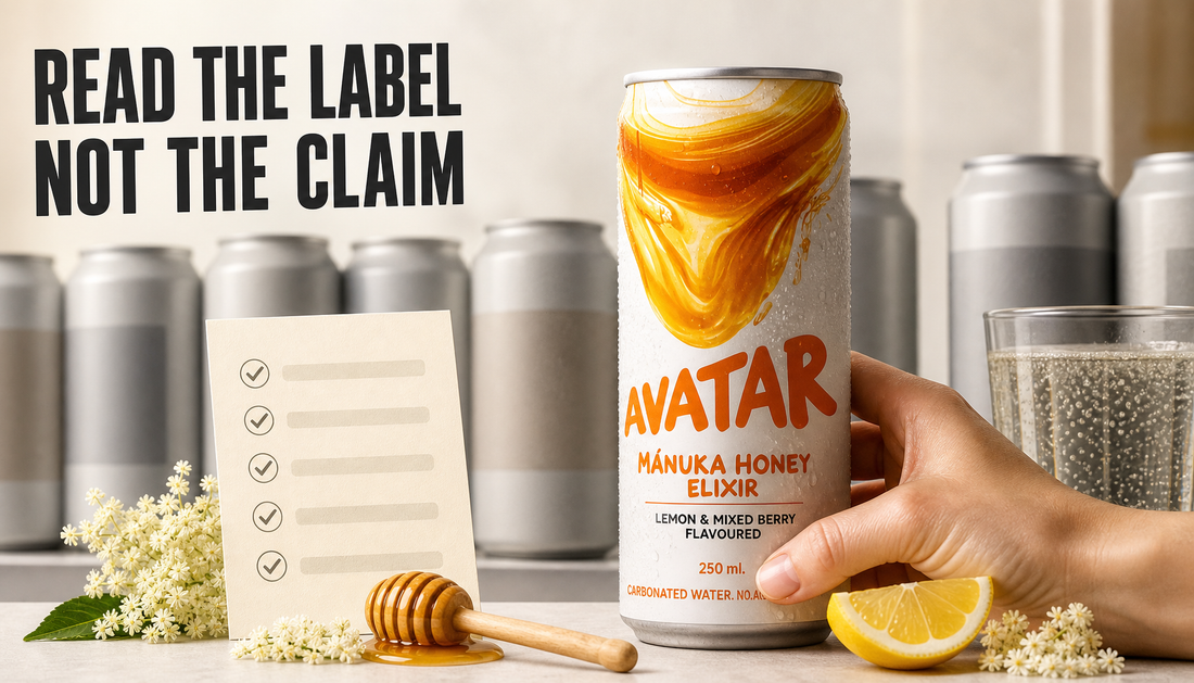 Avatar Elixir energy drink can pulled forward from generic unlabeled cans with honey, lemon, elderflower, bubbles, and a label-checking card under the headline Read the Label Not...