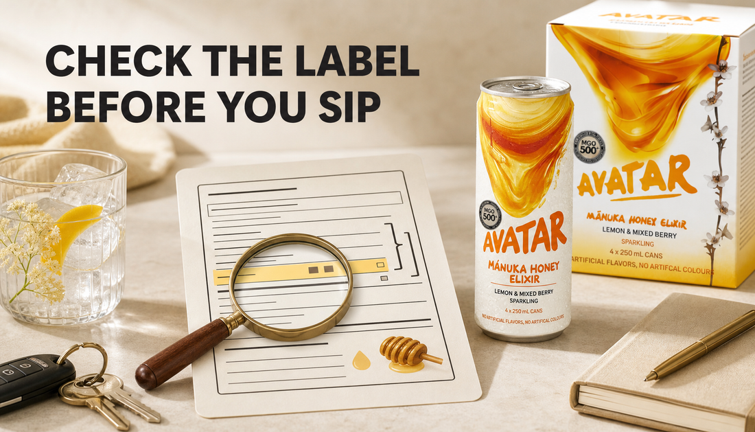 Shopify blog hero image showing an Avatar Elixir drink beside a magnifying glass and generic label checklist with the headline Check the Label Before You Sip.