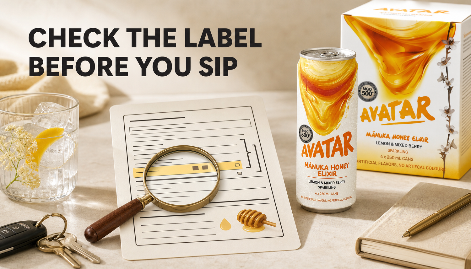 Shopify blog hero image showing an Avatar Elixir drink beside a magnifying glass and generic label checklist with the headline Check the Label Before You Sip.