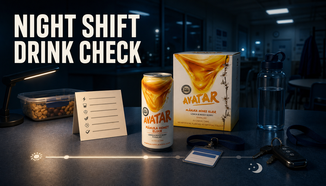 Night shift break-room hero image with Avatar Manuka Honey Drink product, a label-check card, water, keys, and a two-line headline reading NIGHT SHIFT DRINK CHECK.