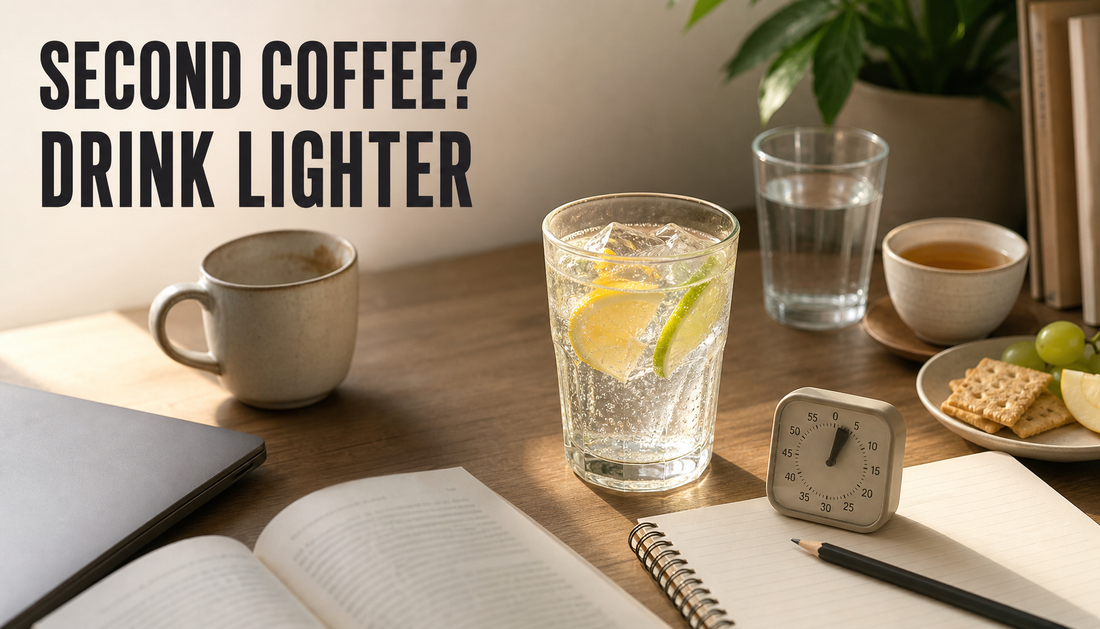 Study-break desk with an empty coffee mug pushed back and a sparkling citrus drink beside open study materials, under the headline SECOND COFFEE? DRINK LIGHTER.