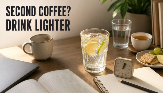 Study-break desk with an empty coffee mug pushed back and a sparkling citrus drink beside open study materials, under the headline SECOND COFFEE? DRINK LIGHTER.