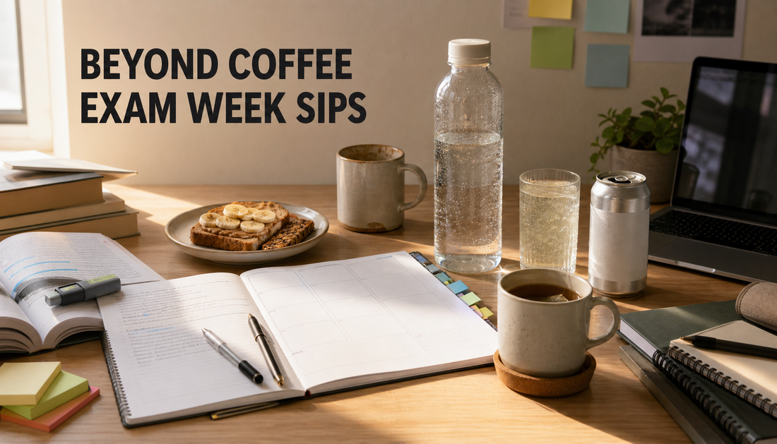 Editorial exam-week study desk showing coffee pushed aside while water, tea, snacks, and a blank-label sparkling drink form a practical drink rotation, with headline Beyond Coffee...