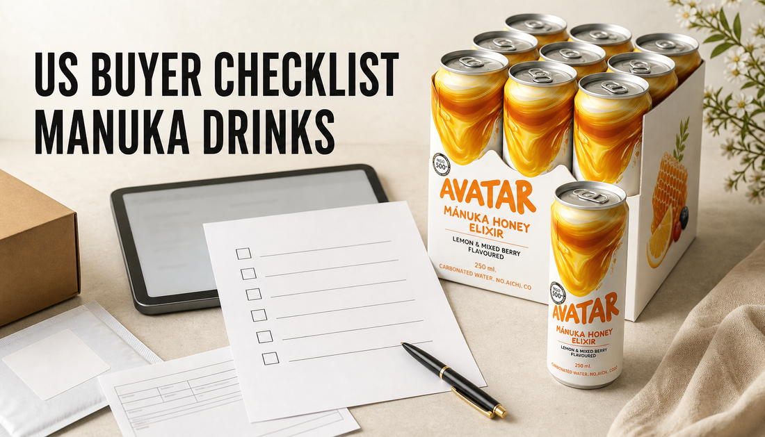 Avatar Elixir Manuka honey drink pack beside a blank pre-purchase checklist and shipping materials for a US buyer checklist article.