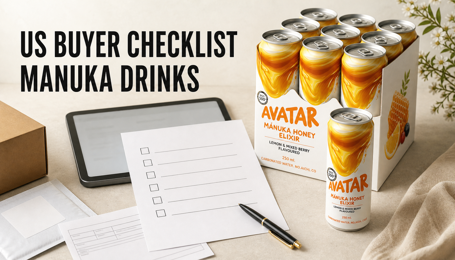 Avatar Elixir Manuka honey drink pack beside a blank pre-purchase checklist and shipping materials for a US buyer checklist article.