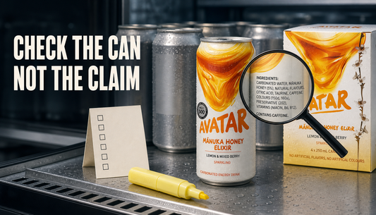 Editorial hero image of an Avatar Elixir energy drink can being checked with a magnifying glass and blank checklist, with the headline CHECK THE CAN NOT THE CLAIM.