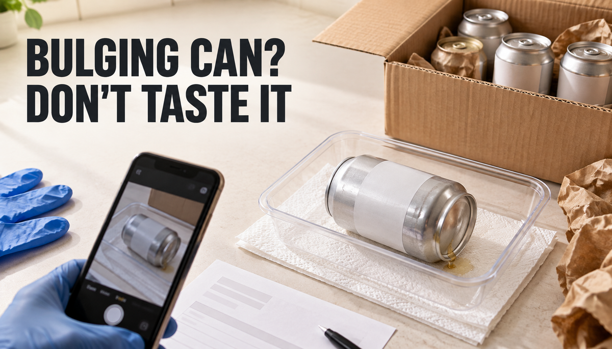 Editorial hero image of a bulging, leaking generic drink can isolated in a clear tray beside an opened shipping box, with a phone ready to document the damage and the headline “BU...