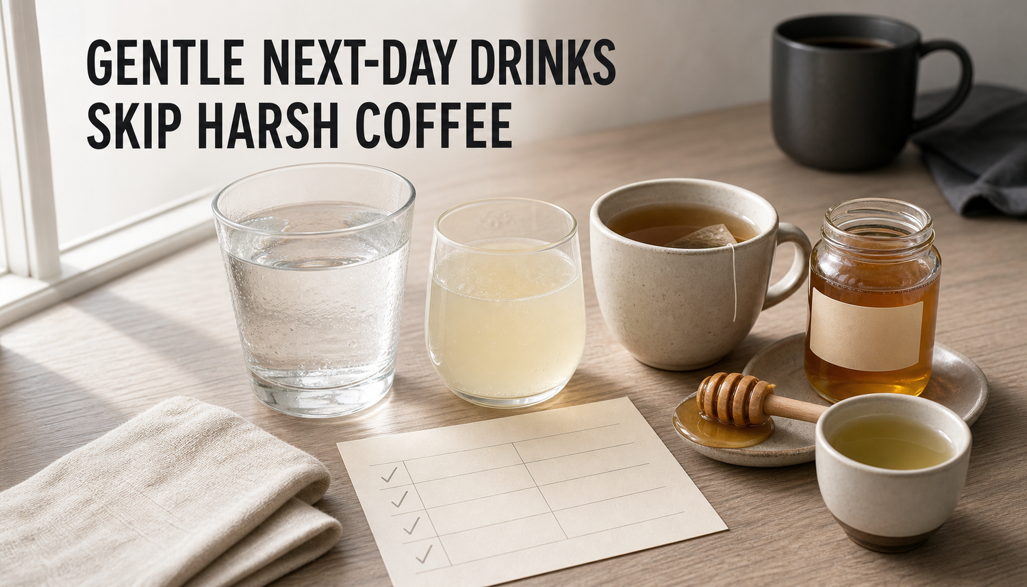 A calm morning table with coffee pushed aside and gentle next-day drinks like water, electrolytes, tea, honey, and light caffeine arranged around a blank comparison card.