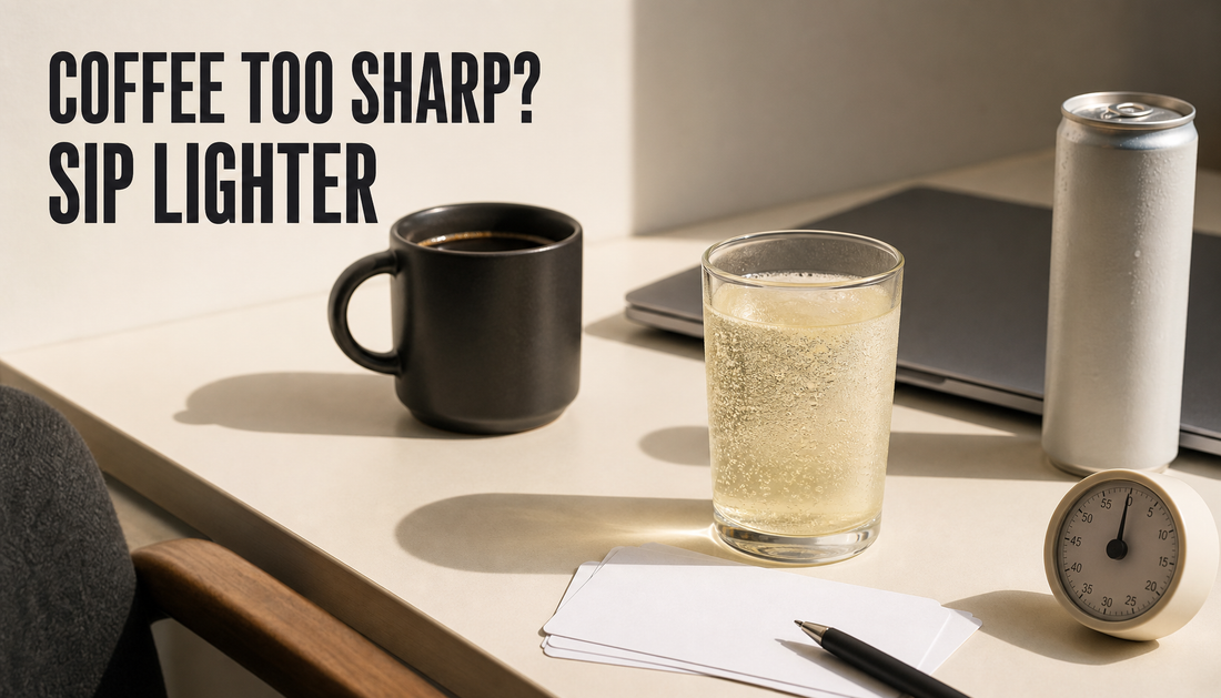 Editorial desk scene before a presentation with coffee pushed aside and a lighter sparkling drink beside blank cue cards, with the headline Coffee Too Sharp? Sip Lighter.