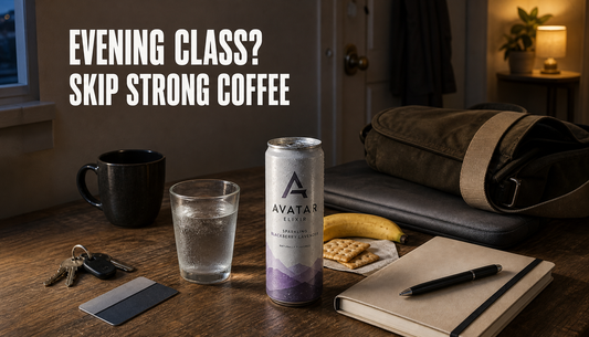 After-work table with a strong coffee pushed aside, a chilled Avatar Elixir can, water, snack, notebook, and bag ready for an evening class, with headline text about skipping stro...