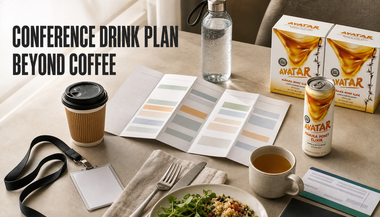 Conference drink plan on a pale table with an agenda, water, coffee, Avatar Elixir, herbal tea, meal items, and a bold headline reading Conference Drink Plan Beyond Coffee.