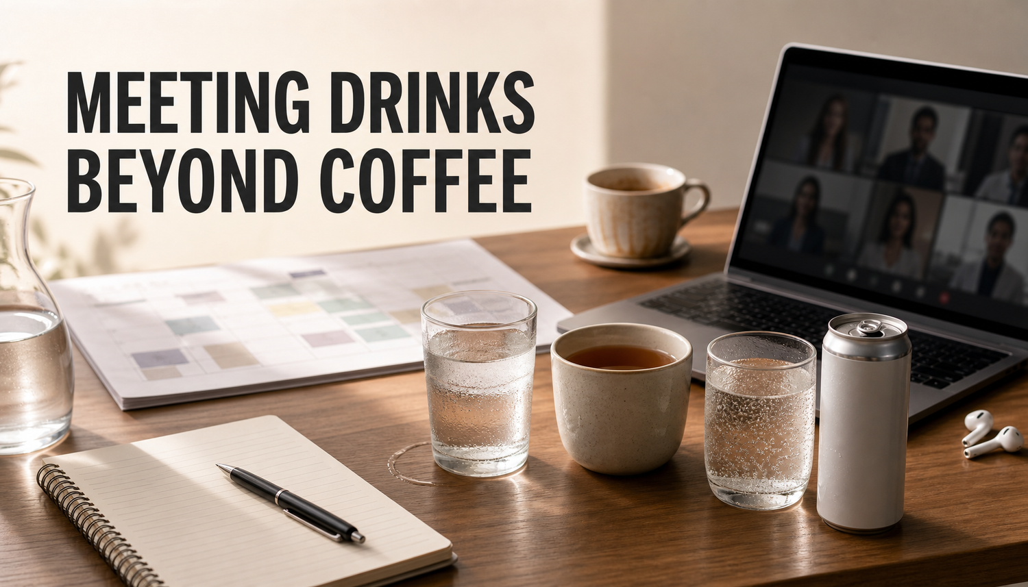 A professional meeting desk shows coffee pushed aside while water, tea, sparkling water, and a blank-label chilled can sit near a laptop and notes under the headline Meeting Drink...