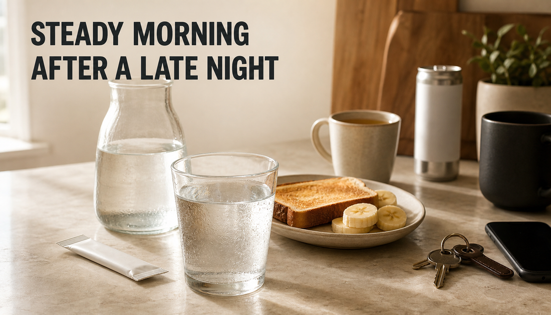 Morning kitchen counter with water in the foreground, light food, tea, coffee, and a blank drink can arranged to show steady drink choices after a late night.