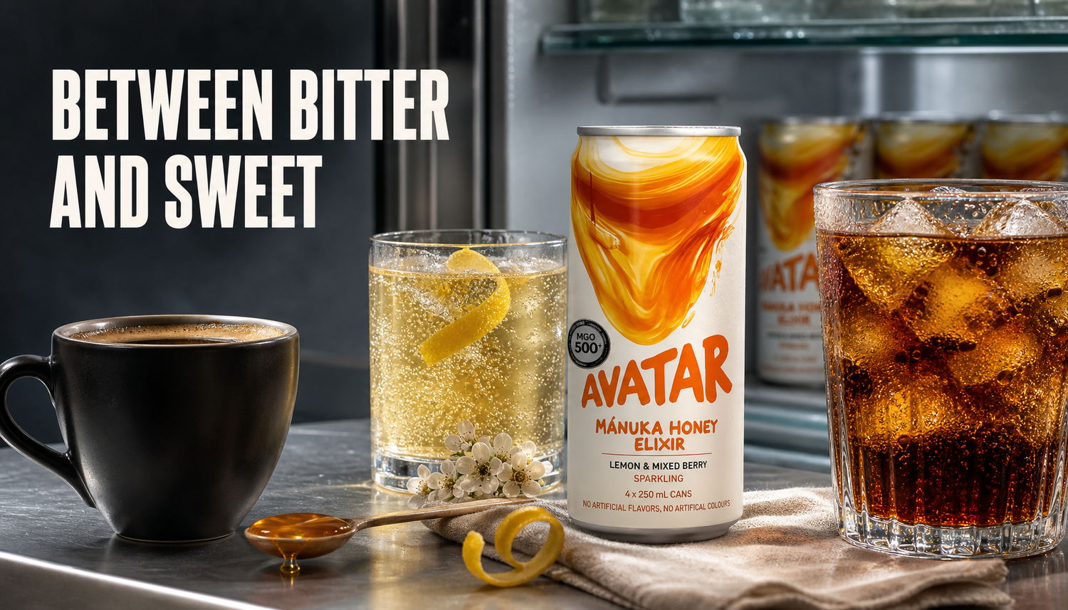 Avatar Elixir product centered between a dark coffee and a sweet soda, with lemon, honey, elderflower, and a sparkling glass suggesting a balanced drink choice.