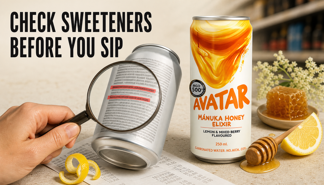 Editorial hero showing an Avatar Elixir can beside a generic energy drink can turned to its ingredient label, with a magnifying glass and natural honey, lemon, and elderflower cue...