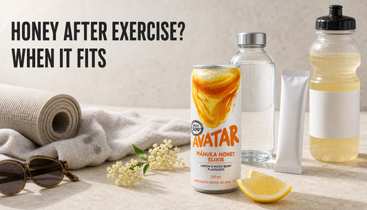 Chilled Avatar Elixir can on a pale stone surface after light exercise, shown with water and generic sports drink alternatives beside a towel and yoga mat.