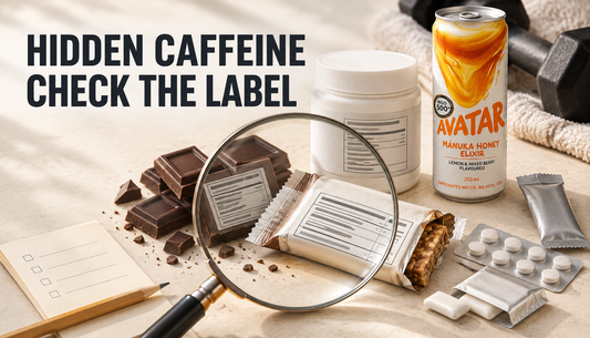 Editorial tabletop scene showing an Avatar Elixir drink with chocolate, snack bar, supplements, gum, and medicine under a magnifying glass, with the headline Hidden Caffeine, Chec...