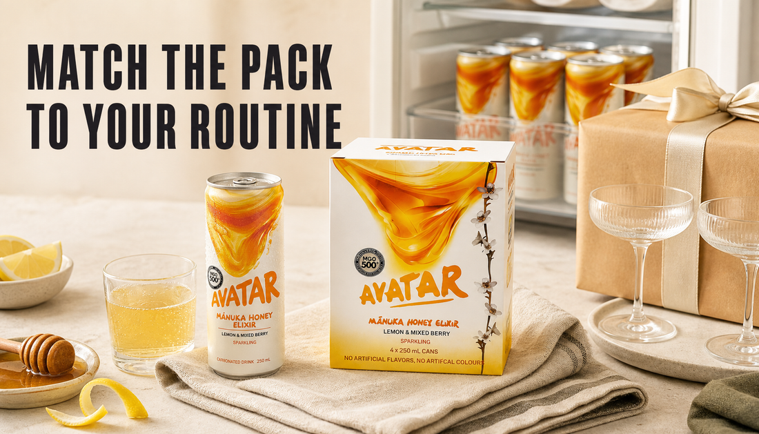 Avatar Elixir 12-pack on a warm tabletop with tasting, fridge-stocking, and gifting cues around it, under the headline Match the Pack to Your Routine.