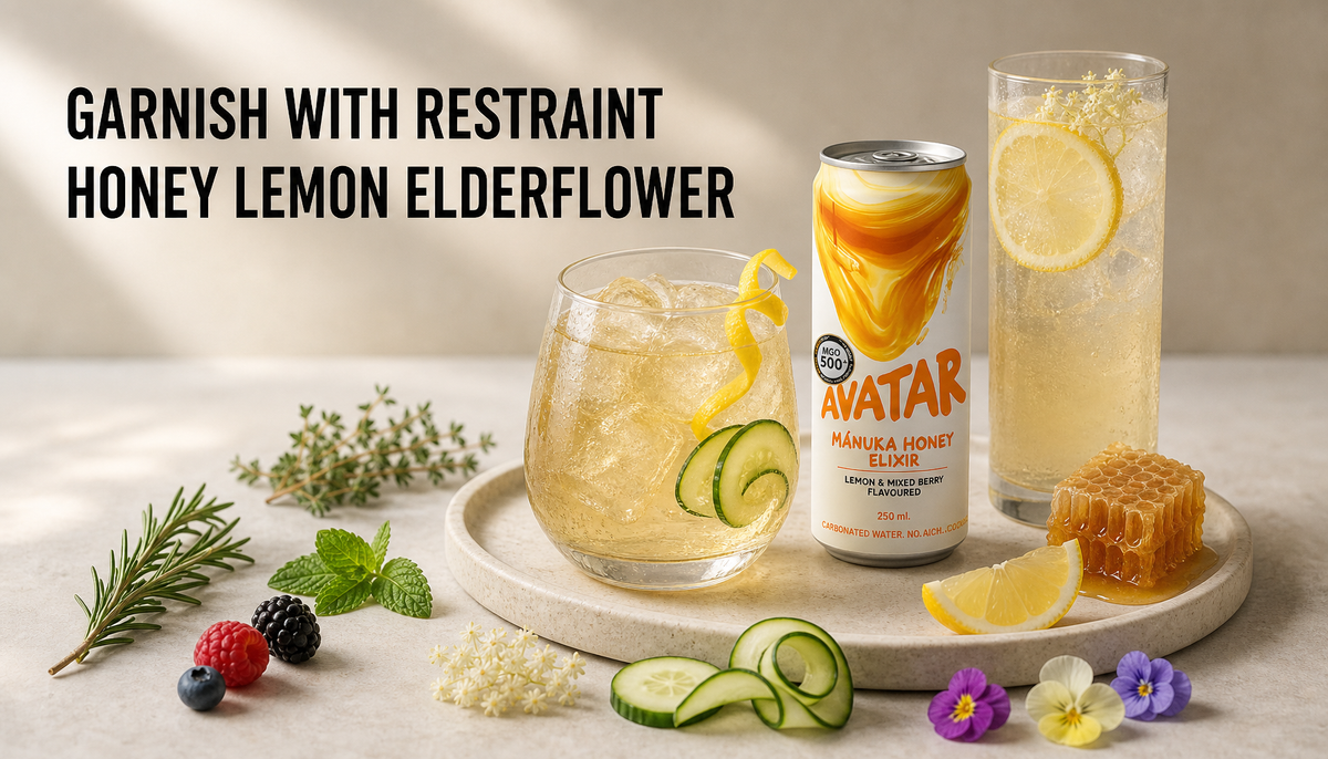 Avatar Elixir served over ice with restrained lemon peel, cucumber, herbs, berries, and edible flower garnish options arranged around the glass under the headline Garnish With Res...