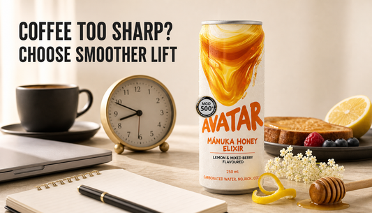 Avatar Elixir can on a morning meeting desk beside lemon, honey, elderflower, breakfast, a clock, and a coffee cup set back in shadow.