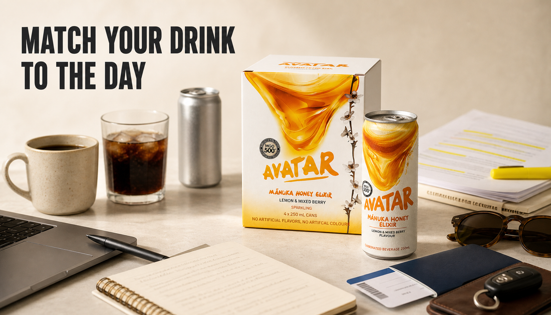 Avatar Elixir 12-pack and chilled can arranged with work, study, and travel props to show choosing a natural energy drink by occasion.