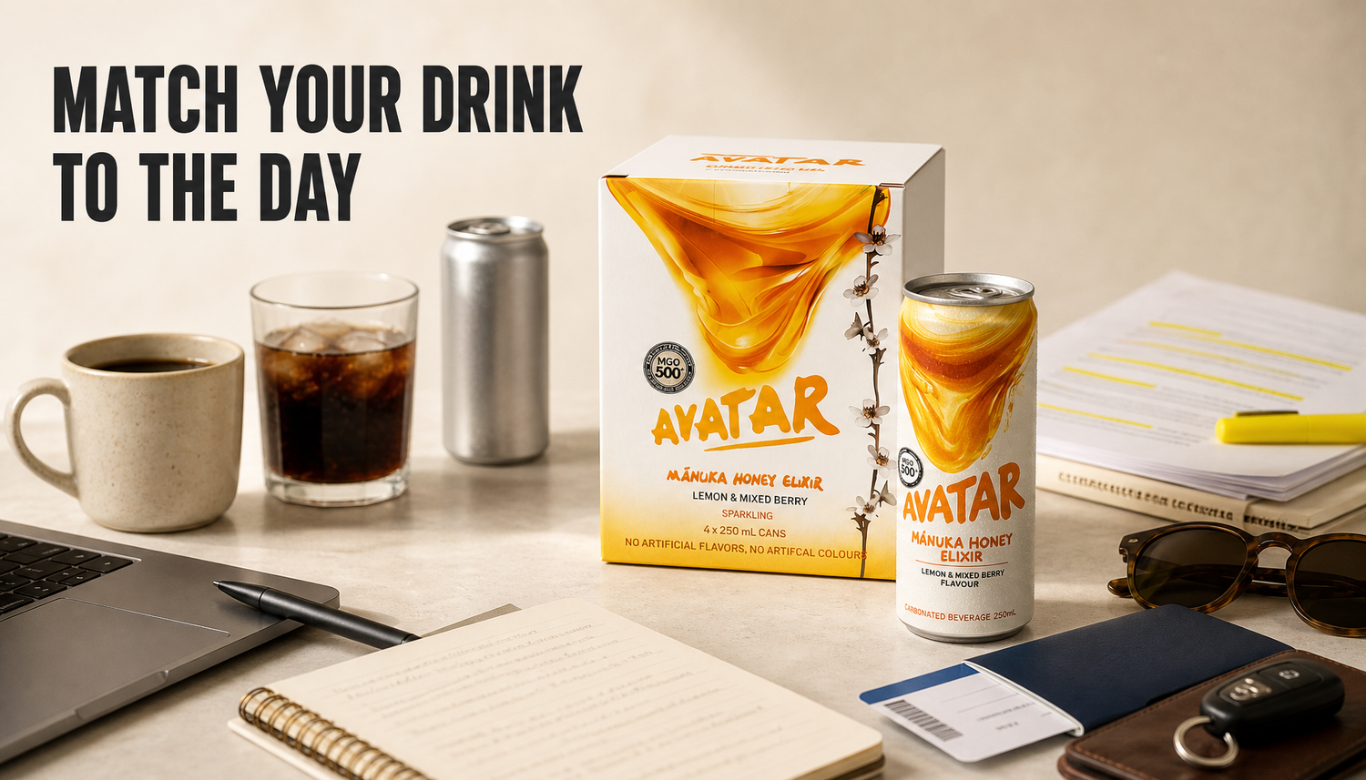 Avatar Elixir 12-pack and chilled can arranged with work, study, and travel props to show choosing a natural energy drink by occasion.