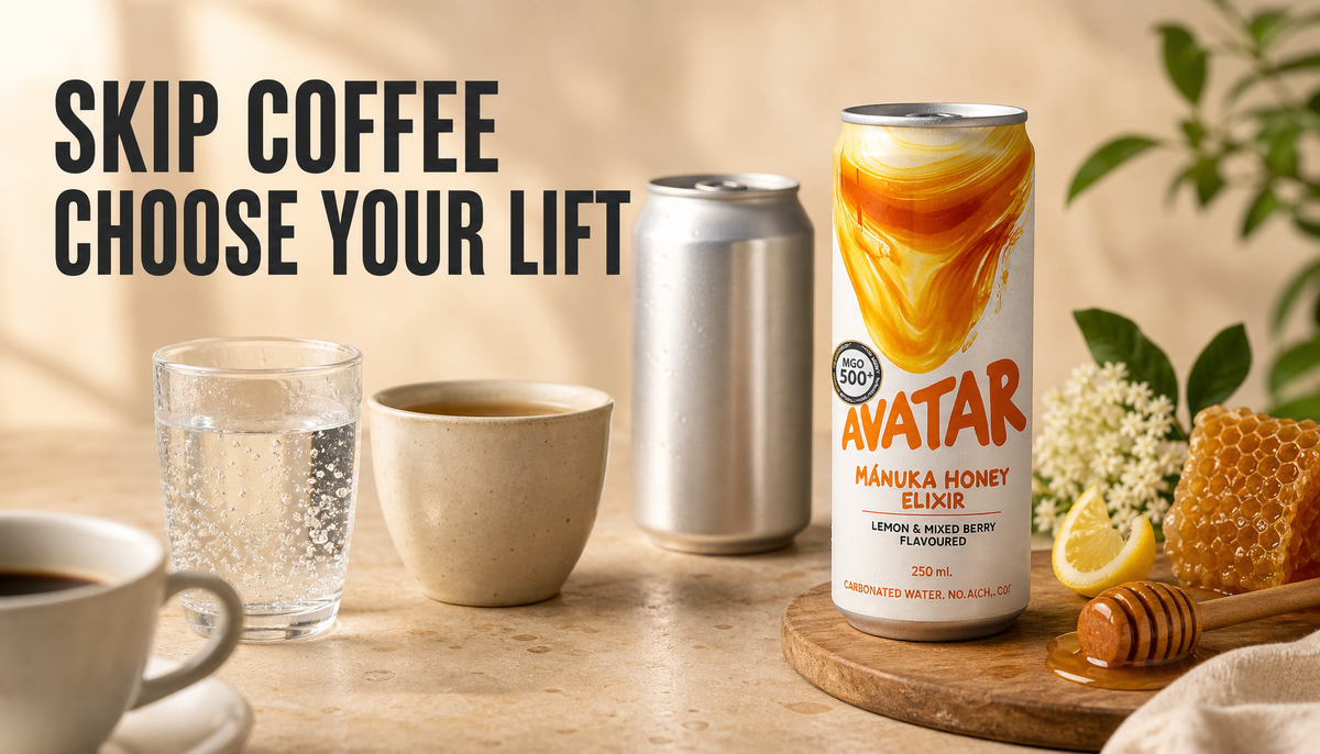 Shopify blog hero showing an Avatar Elixir can beside honey, lemon, elderflower, sparkling water, tea, and a coffee cup pushed aside, with the headline Skip Coffee, Choose Your Li...