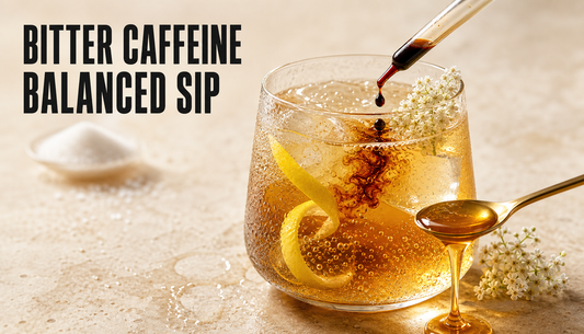 Editorial beverage hero showing a dark bitter drop entering a chilled amber sparkling drink balanced by honey, lemon, elderflower, ice, and bubbles, with the headline Bitter Caffe...