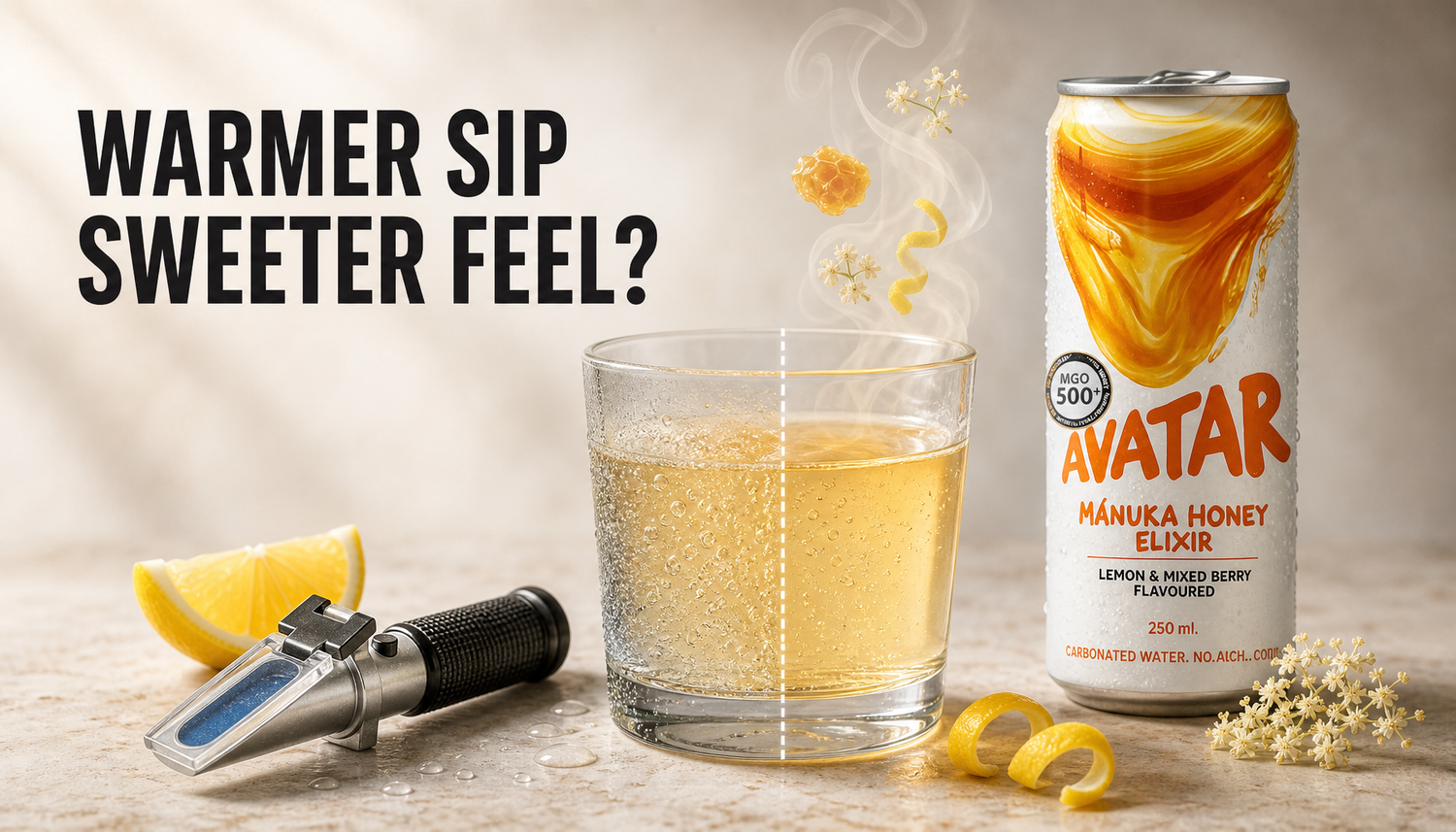 Avatar Elixir can and small sparkling honey drink pour showing cold fizz, soft aroma, and an unchanged sugar marker under the headline WARMER SIP SWEETER FEEL.