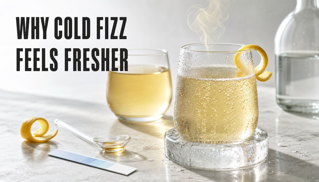 Editorial hero image comparing a warmer still drink with a chilled sparkling drink, showing bubbles, condensation, lemon peel, and the headline Why Cold Fizz Feels Fresher.